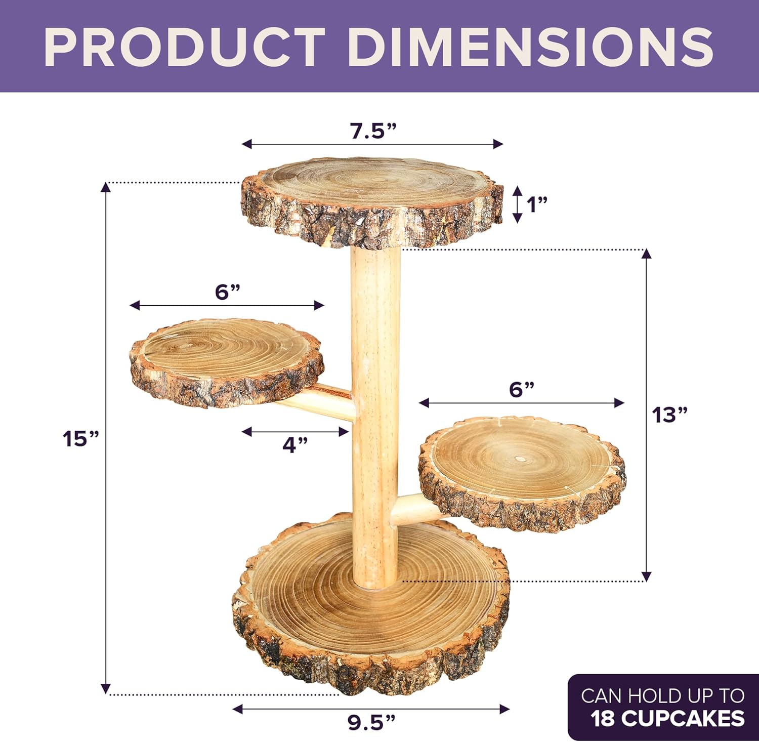 Wooden Rustic Cupcake Stand - 4 Tier Natural & Sturdy Wood Dessert Display - For Birthday Party Decoration, Wedding, Baby Shower Decor - Round Tower Tiered Tray Plate Centerpiece Set (Textured Bark Edges)5