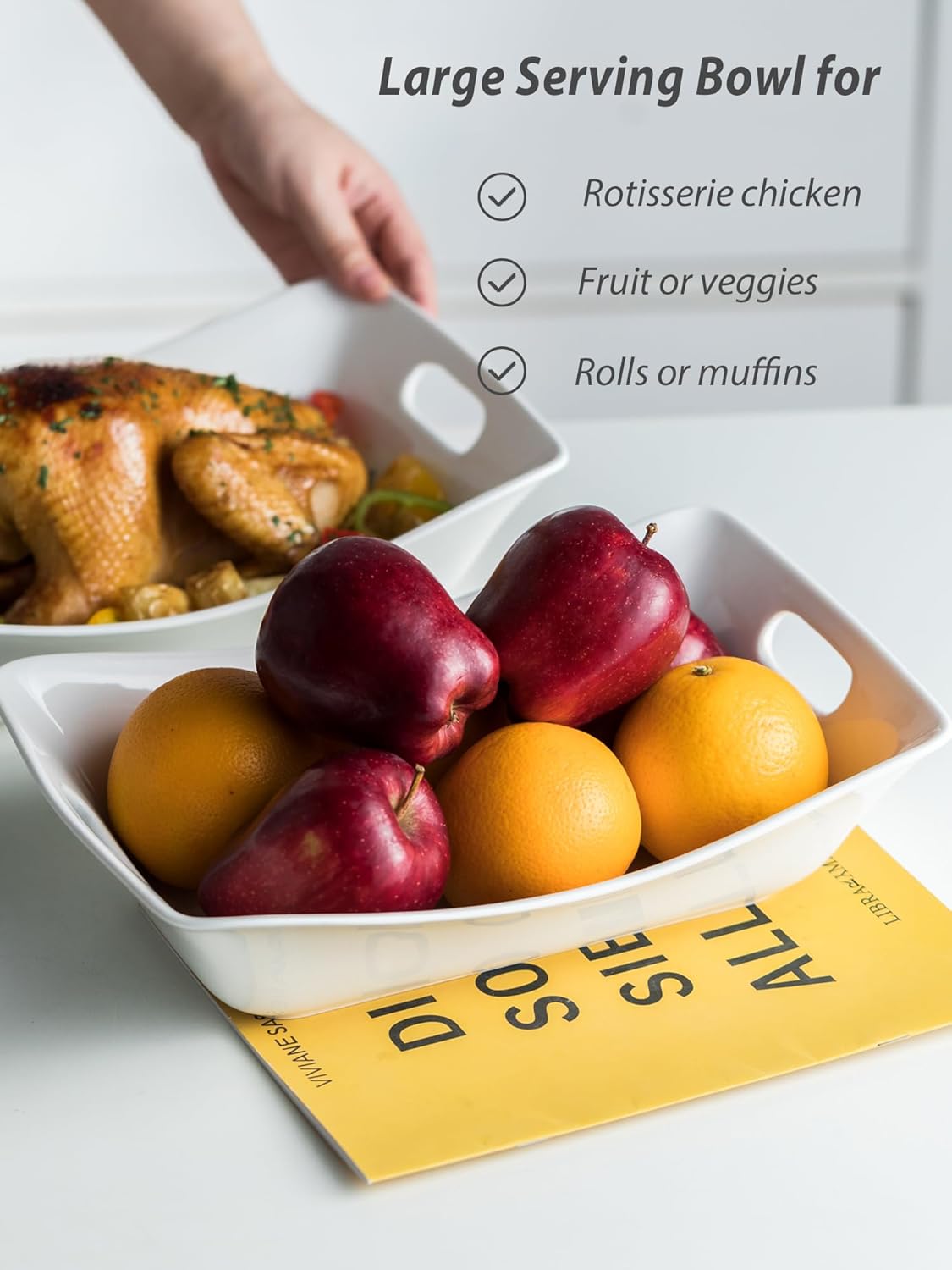 YHOSSEUN Large Serving Bowls with Handles Rectangle Serving Dishes For Entertaining, 1.5 Quarts White Serving Platter Porcelain Bowl Set, 2 Pack4