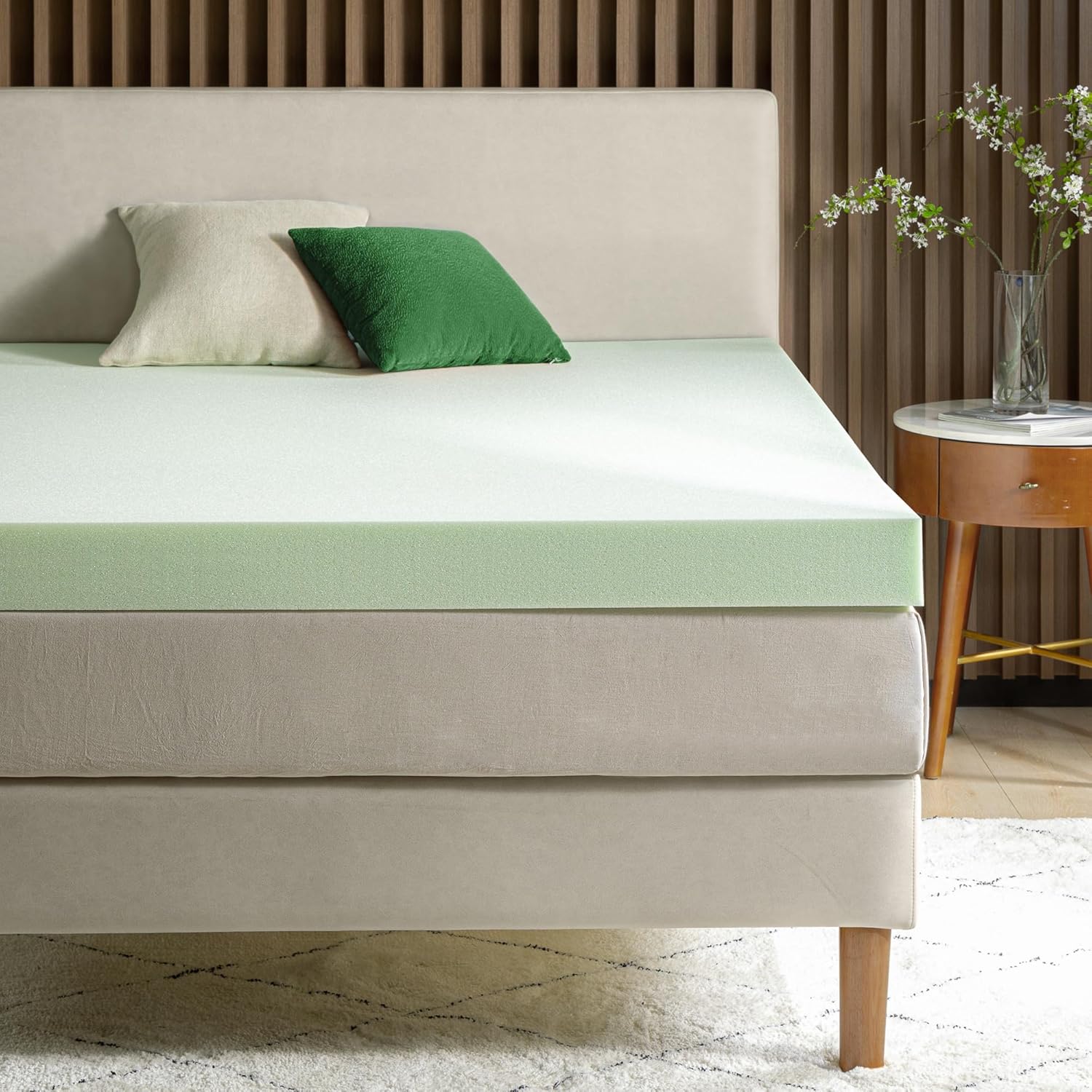 ZINUS 4 Inch Green Tea Memory Foam Mattress Topper, Smaller, More Convenient WonderBox Packaging, Pressure-Relieving Layers, CertiPUR-US Certified, Short Queen4