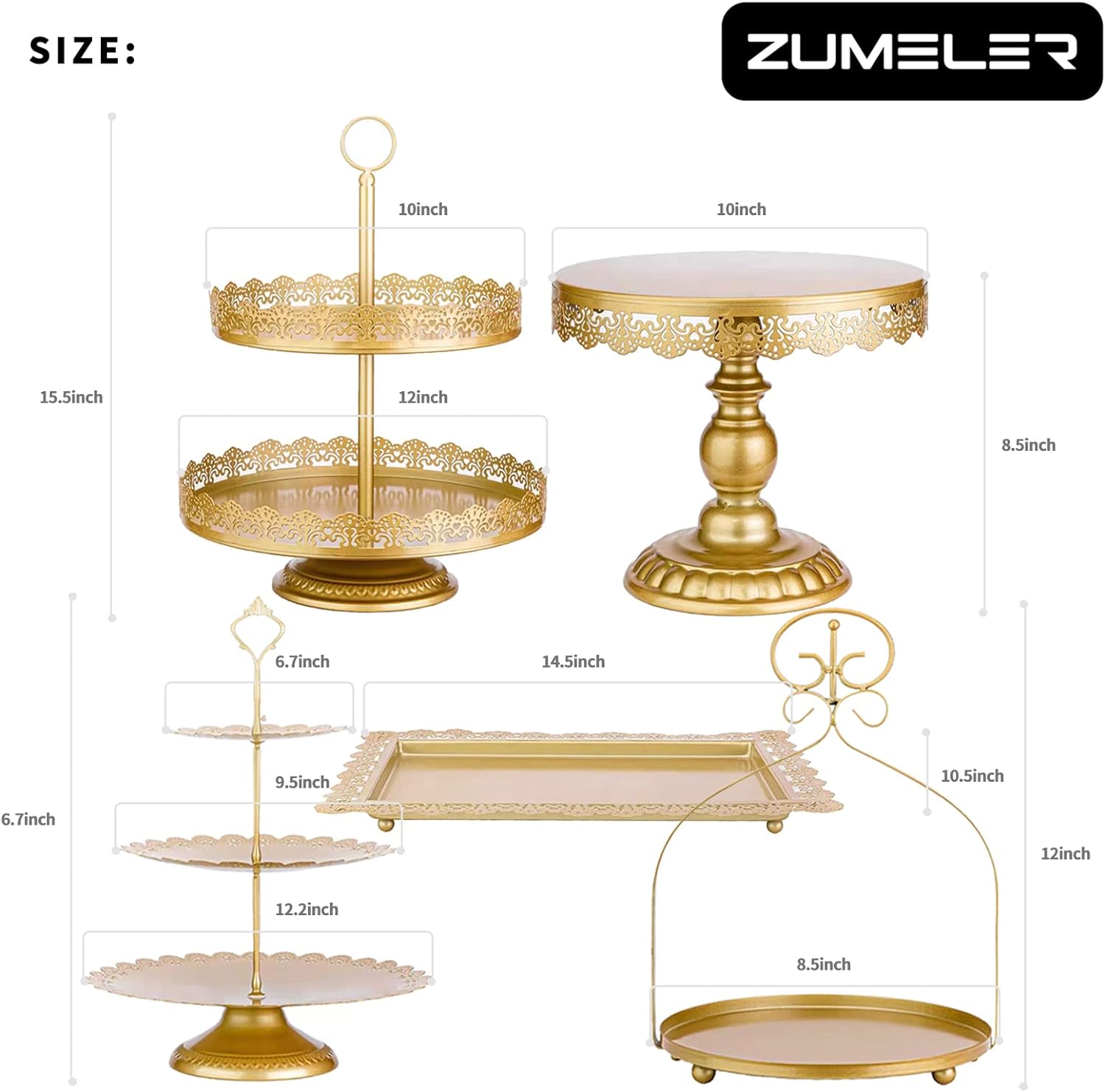 ZUMELER Gold 5Pcs Cake Stands Set Metal Round Cupcake Holder Cookies Dessert Display Plate Serving Tower Tray Platter with Handl for Baby Shower Wedding Birthday Party Celebration1