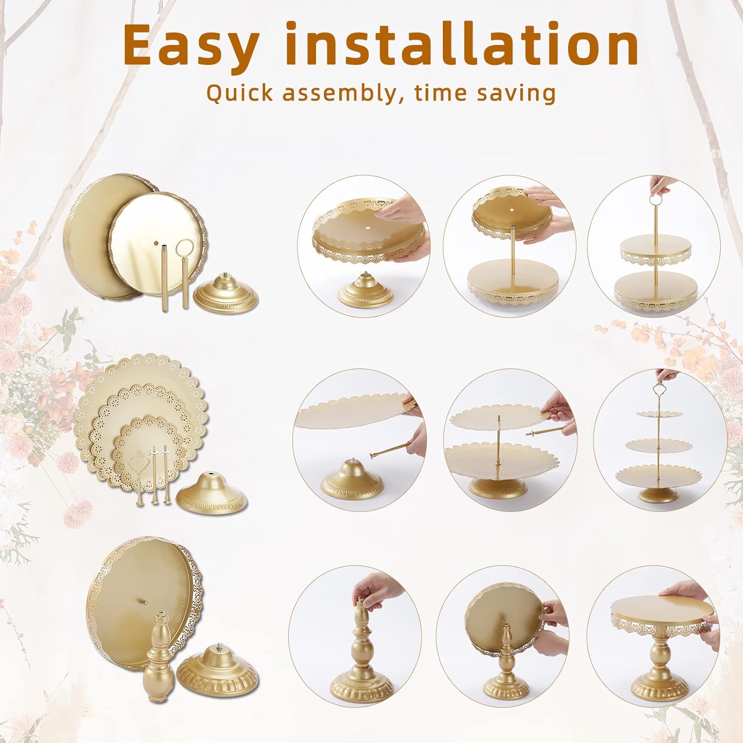 ZUMELER Gold 5Pcs Cake Stands Set Metal Round Cupcake Holder Cookies Dessert Display Plate Serving Tower Tray Platter with Handl for Baby Shower Wedding Birthday Party Celebration8