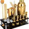 23 Piece Cocktail Shaker Set Bartender Kit with Acrylic Stand & Cocktail Recipes Booklet, Professional Bar Tools for Drink Mixing, Home, Bar, Party (Include 4 Whiskey Stones) - Gold