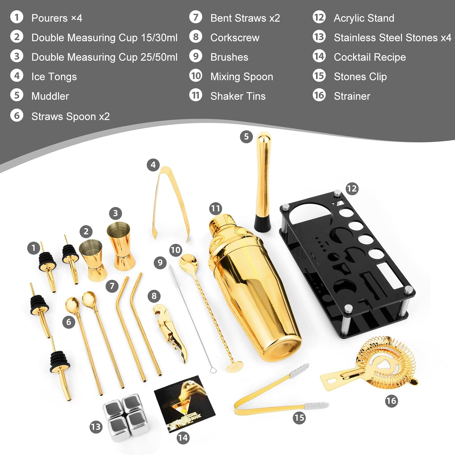23 Piece Cocktail Shaker Set Bartender Kit with Acrylic Stand & Cocktail Recipes Booklet, Professional Bar Tools for Drink Mixing, Home, Bar, Party (Include 4 Whiskey Stones) - Gold1