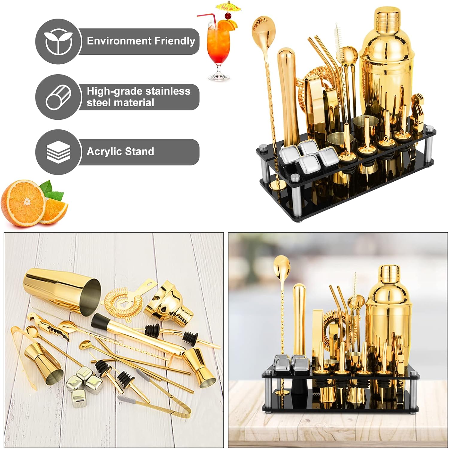 23 Piece Cocktail Shaker Set Bartender Kit with Acrylic Stand & Cocktail Recipes Booklet, Professional Bar Tools for Drink Mixing, Home, Bar, Party (Include 4 Whiskey Stones) - Gold2
