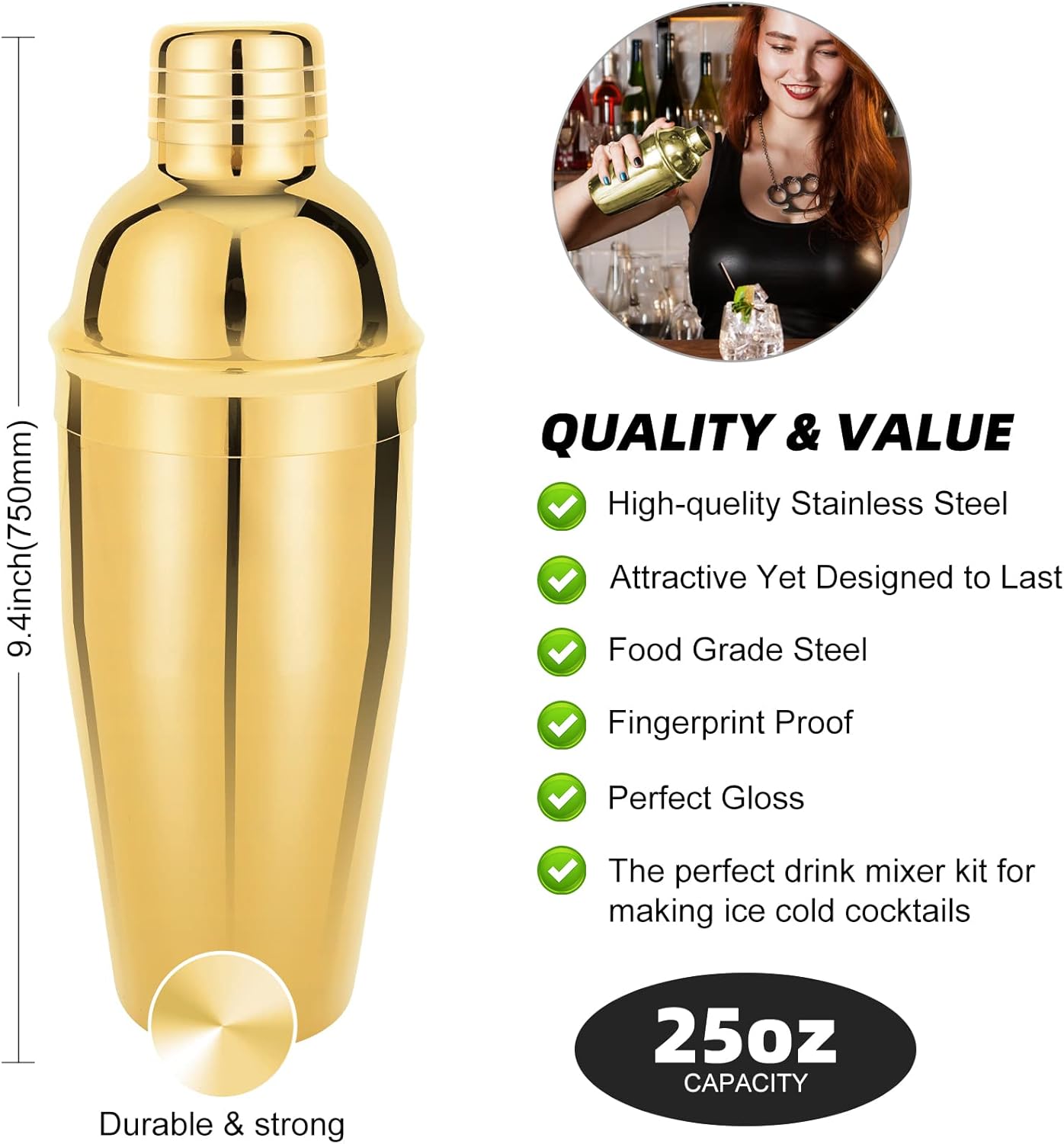 23 Piece Cocktail Shaker Set Bartender Kit with Acrylic Stand & Cocktail Recipes Booklet, Professional Bar Tools for Drink Mixing, Home, Bar, Party (Include 4 Whiskey Stones) - Gold3