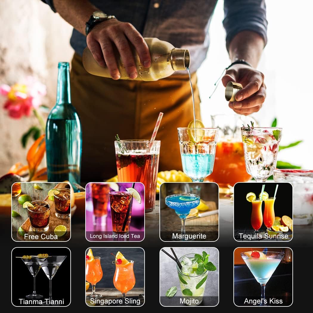 23 Piece Cocktail Shaker Set Bartender Kit with Acrylic Stand & Cocktail Recipes Booklet, Professional Bar Tools for Drink Mixing, Home, Bar, Party (Include 4 Whiskey Stones) - Gold5