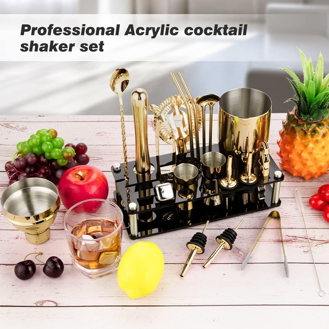 23 Piece Cocktail Shaker Set Bartender Kit with Acrylic Stand & Cocktail Recipes Booklet, Professional Bar Tools for Drink Mixing, Home, Bar, Party (Include 4 Whiskey Stones) - Gold8