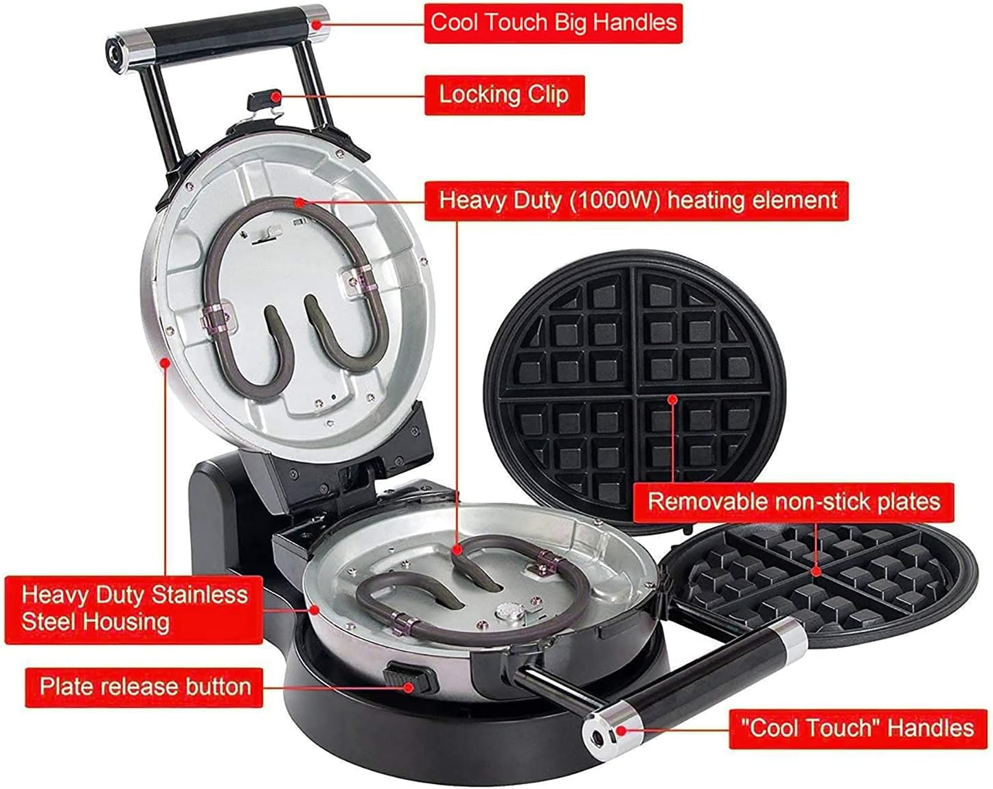 360 Rotating Belgian Multifunction Nonstick Baking Waffle Maker with 2 sets of Interchangeable Belgian Waffle and Omelet Baking plates0