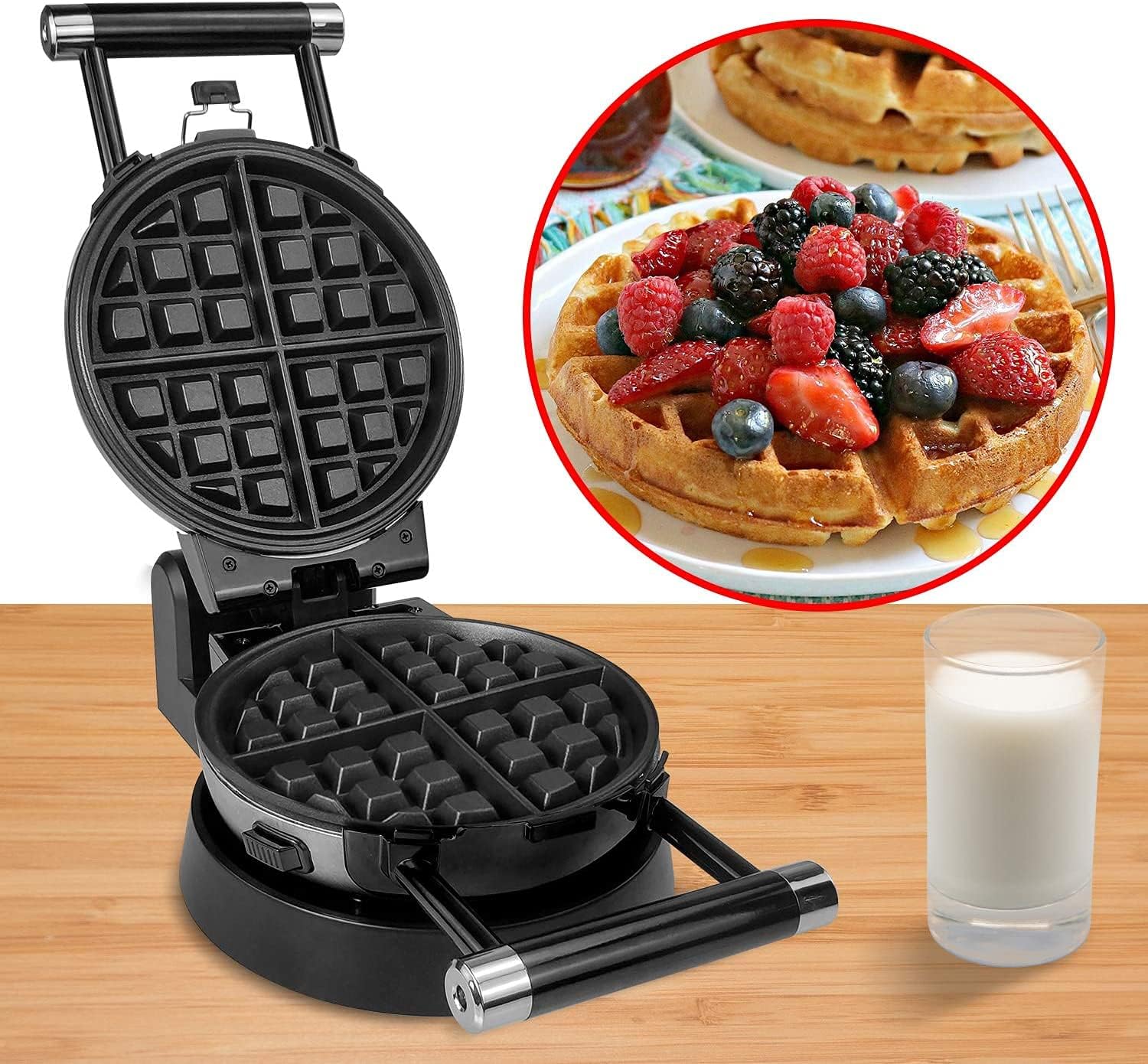 360 Rotating Belgian Multifunction Nonstick Baking Waffle Maker with 2 sets of Interchangeable Belgian Waffle and Omelet Baking plates1