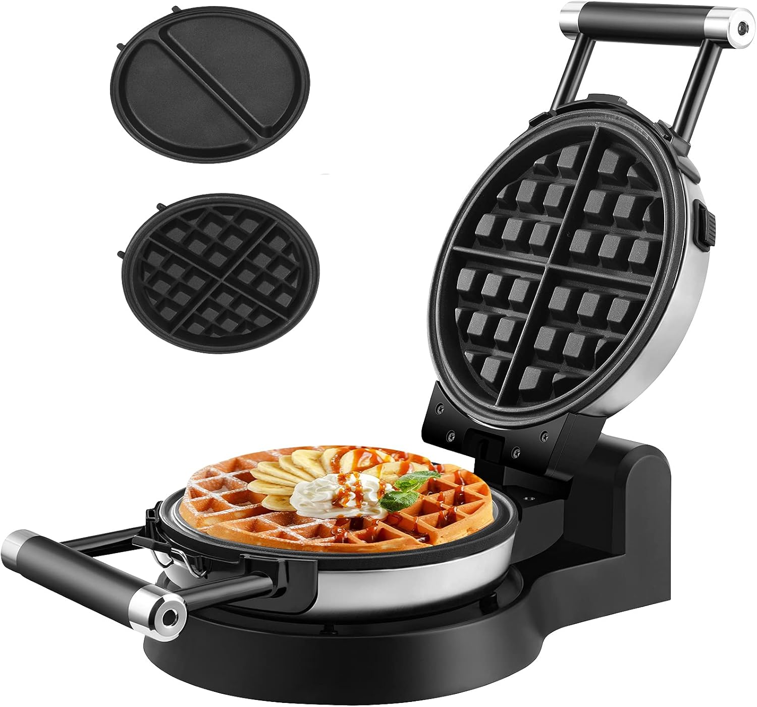 360 Rotating Belgian Multifunction Nonstick Baking Waffle Maker with 2 sets of Interchangeable Belgian Waffle and Omelet Baking plates6