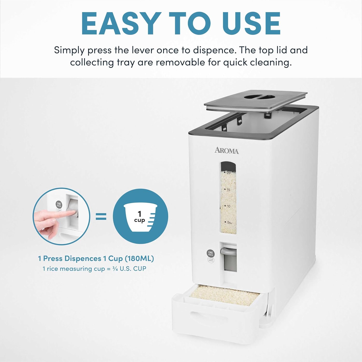 Aroma Housewares 27lbs Large Rice Dispenser, 7.25 x 16.5 x 16.5 inches, White1