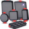 Baking Set – 6 Piece Kitchen Oven Bakeware Set – Deluxe Non-Stick Black Coating Inside and Outside – Carbon Steel – Red Silicone Handles – PFOA PFOS and PTFE Free by Bakken