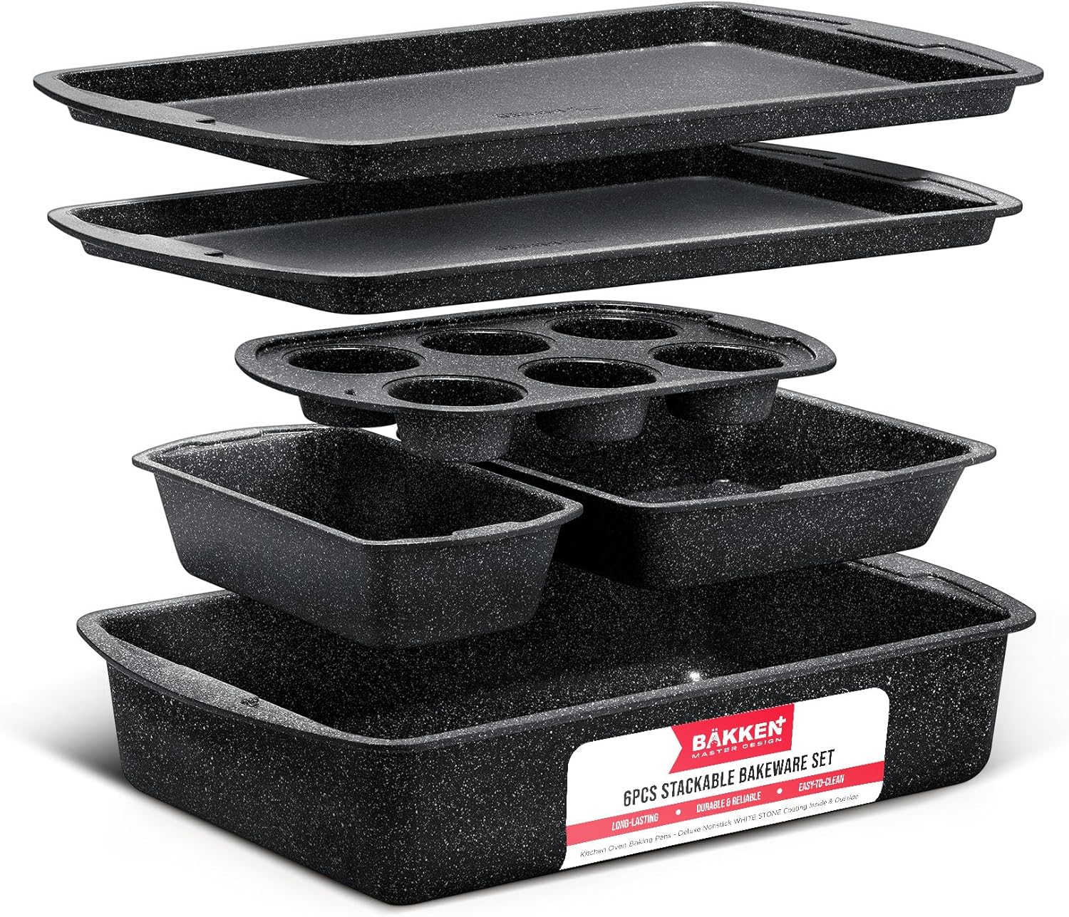 Bakken Swiss - Bakeware Set – 6 Piece – Stackable, Deluxe, Non-Stick Baking Pans for Professional and Home Cooking – Carbon Steel, Gray Stone Coating Bakken Swiss - Bakeware Set – 6 Piece – Stackable, Deluxe, Non-Stick Baking Pans for Professional and Home Cooking – Carbon Steel, Gray Stone Coating