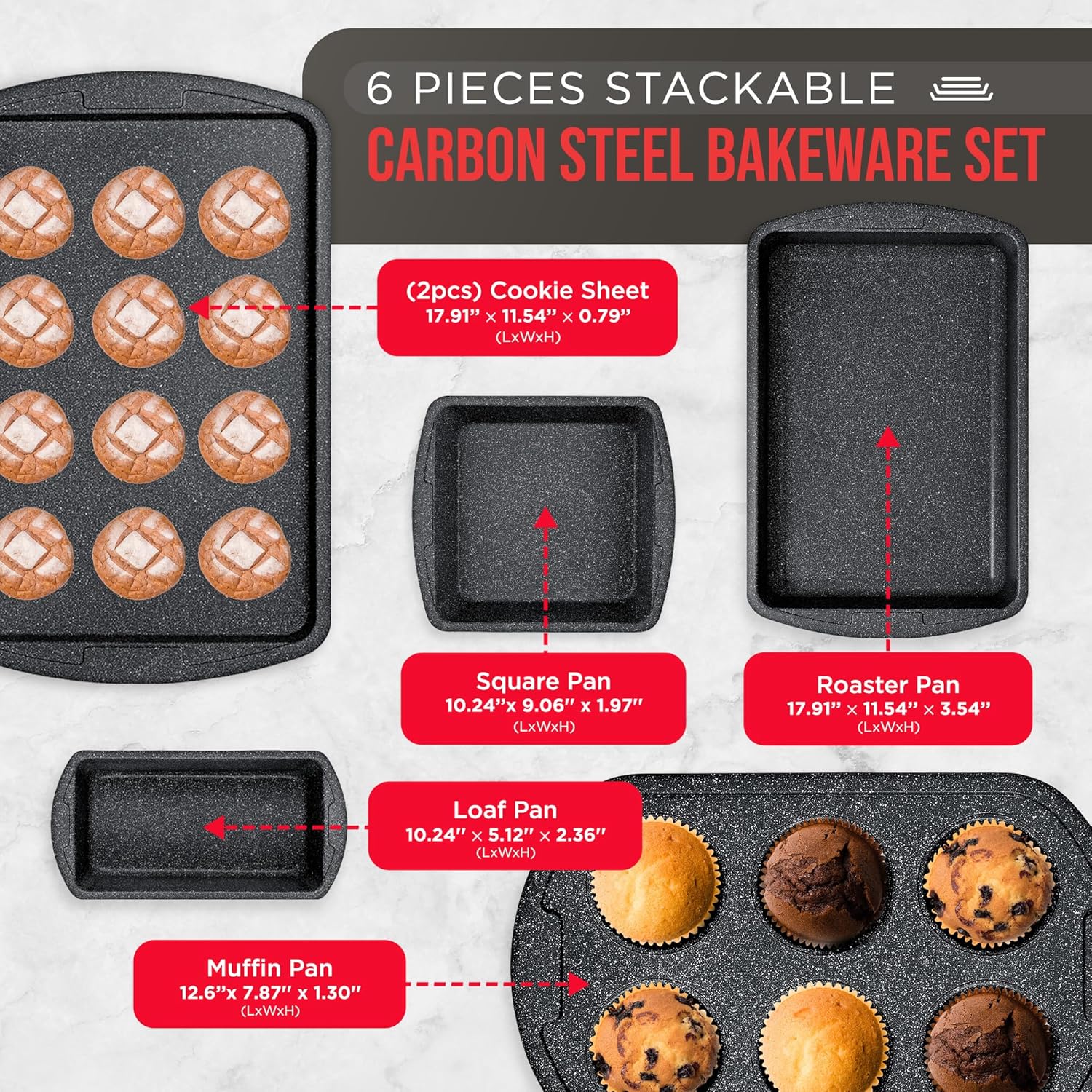 Bakken Swiss - Bakeware Set – 6 Piece – Stackable, Deluxe, Non-Stick Baking Pans for Professional and Home Cooking – Carbon Steel, Gray Stone Coating1