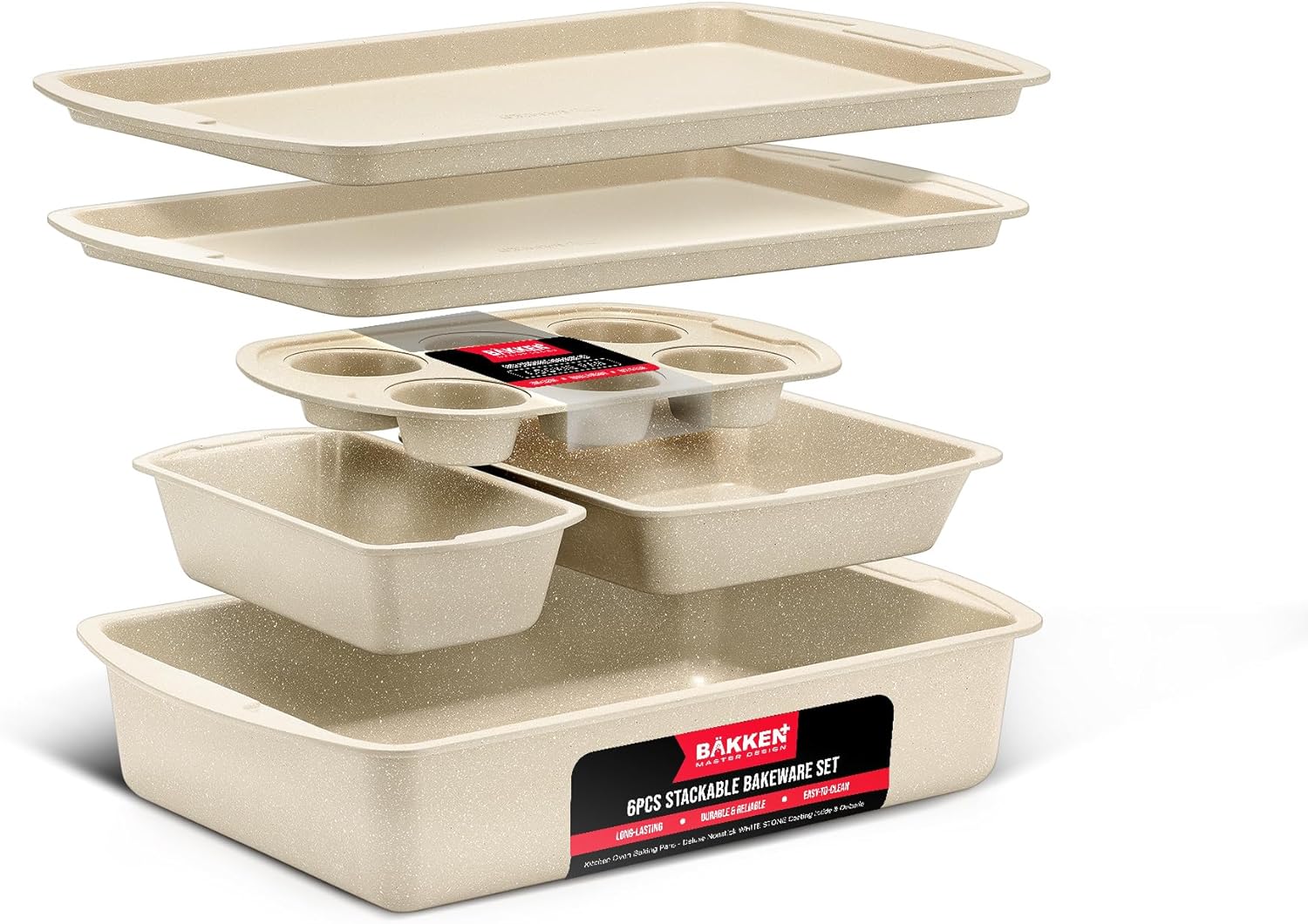 Bakken Swiss - Bakeware Set – 6 Piece – Stackable, Deluxe, Non-Stick Baking Pans for Professional and Home Cooking – Carbon Steel, White Stone Coating Bakken Swiss - Bakeware Set – 6 Piece – Stackable, Deluxe, Non-Stick Baking Pans for Professional and Home Cooking – Carbon Steel, White Stone Coating