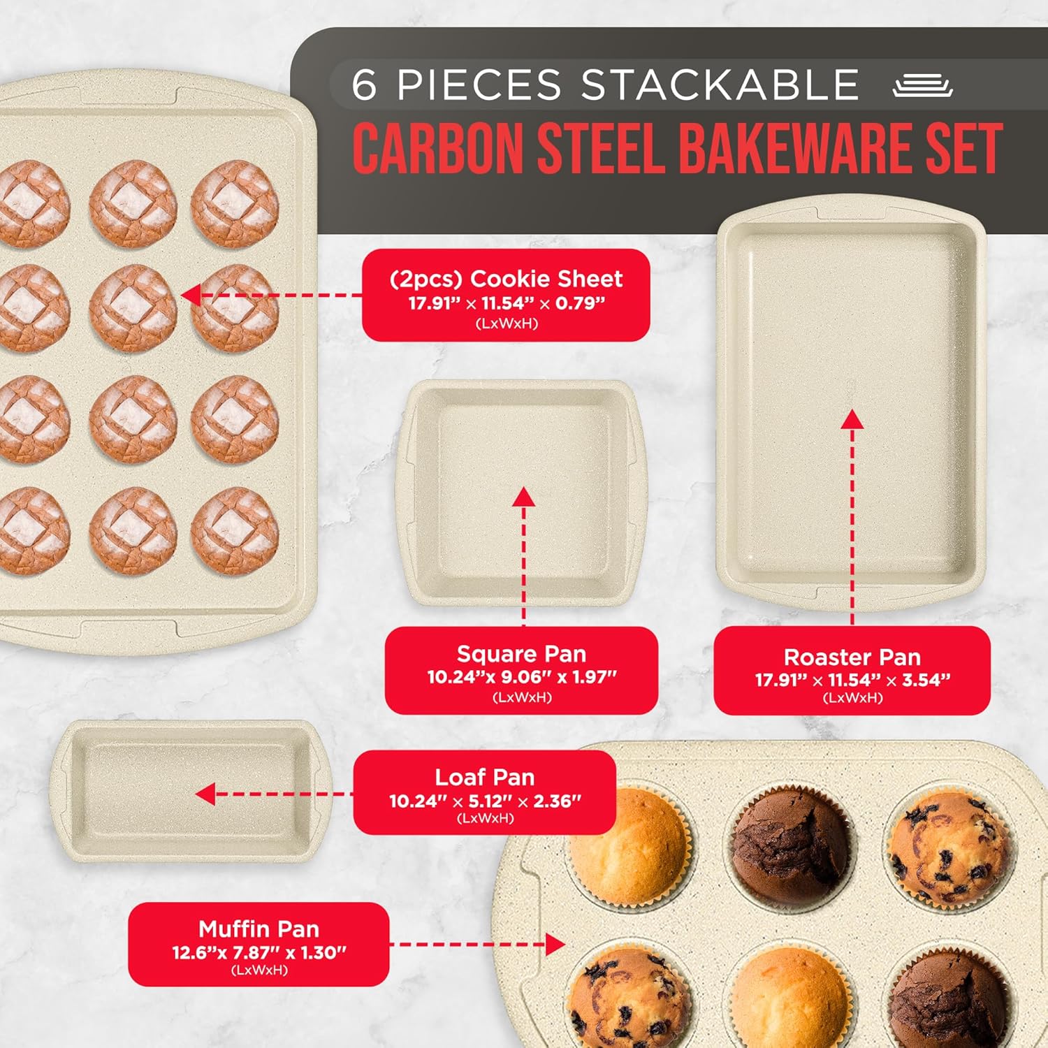 Bakken Swiss - Bakeware Set – 6 Piece – Stackable, Deluxe, Non-Stick Baking Pans for Professional and Home Cooking – Carbon Steel, White Stone Coating4