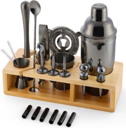 Barillio Black Bartender Kit - Stainless-Steel Cocktail Shaker Set w/Bamboo Stand - Mixology Bar Tools w/Drink Shaker, Mixer Spoon & Muddler for Cocktails - Home Bar Accessories - 23-Pc Bar Set