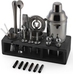 Barillio Black Bartender Kit - Stainless-Steel Cocktail Shaker Set w/Black Bamboo Stand - Mixology Bar Tools w/Drink Shaker, Mixer and Muddler for Cocktails - Home Bar Accessories - 23-Pc Bar Set