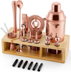 Barillio Rose Gold Bartender Kit - Stainless-Steel Cocktail Shaker Set w Bamboo Stand - Mixology Bar Tools w Drink Shaker, Mixer and Muddler for Cocktails - Home Bar Accessories - 23-Pc Bar Set