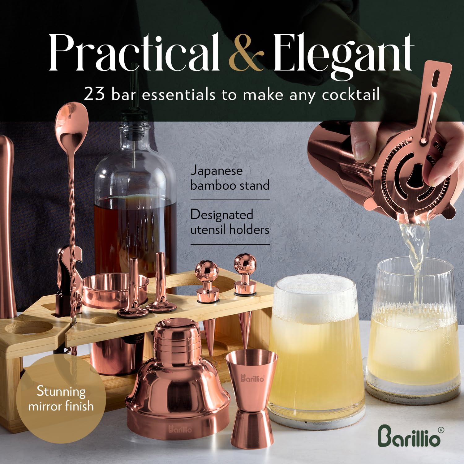 Barillio Rose Gold Bartender Kit - Stainless-Steel Cocktail Shaker Set w Bamboo Stand - Mixology Bar Tools w Drink Shaker, Mixer and Muddler for Cocktails - Home Bar Accessories - 23-Pc Bar Set4