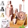 Barillio Rose Gold Bartender Kit - Stainless-Steel Cocktail Shaker Set w/Bamboo Stand - Mixology Bar Tools w/Shaker, Drink Mixer Spoon & Muddler for Cocktails - Home Bar Accessories - 10-Pc Bar Set
