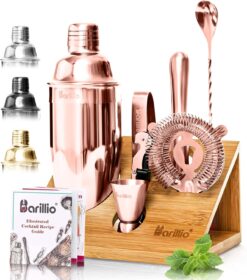 Barillio Rose Gold Bartender Kit - Stainless-Steel Cocktail Shaker Set w/Bamboo Stand - Mixology Bar Tools w/Shaker, Drink Mixer Spoon & Muddler for Cocktails - Home Bar Accessories - 10-Pc Bar Set