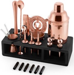 Barillio Rose Gold Bartender Kit - Stainless-Steel Cocktail Shaker Set w/Black Bamboo Stand - Mixology Bar Tools w/Drink Shaker, Mixer, Muddler for Cocktails - Home Bar Accessories - 23-Pc Bar Set