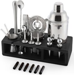 Barillio Silver Bartender Kit - Stainless-Steel Cocktail Shaker Set w/Black Bamboo Stand - Mixology Bar Tools w/Drink Shaker, Mixer & Muddler for Cocktails - Home Bar Accessories - 23-Pc Bar Set