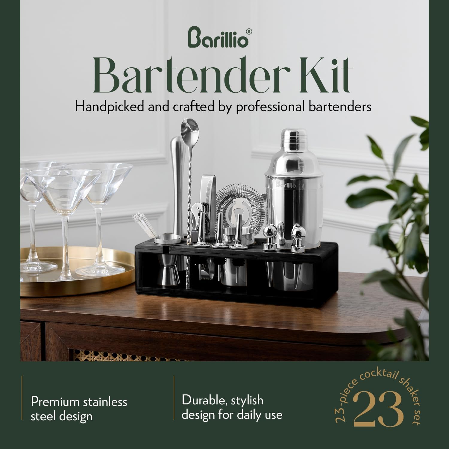 Barillio Silver Bartender Kit - Stainless-Steel Cocktail Shaker Set w Black Bamboo Stand - Mixology Bar Tools w Drink Shaker, Mixer & Muddler for Cocktails - Home Bar Accessories - 23-Pc Bar Set1