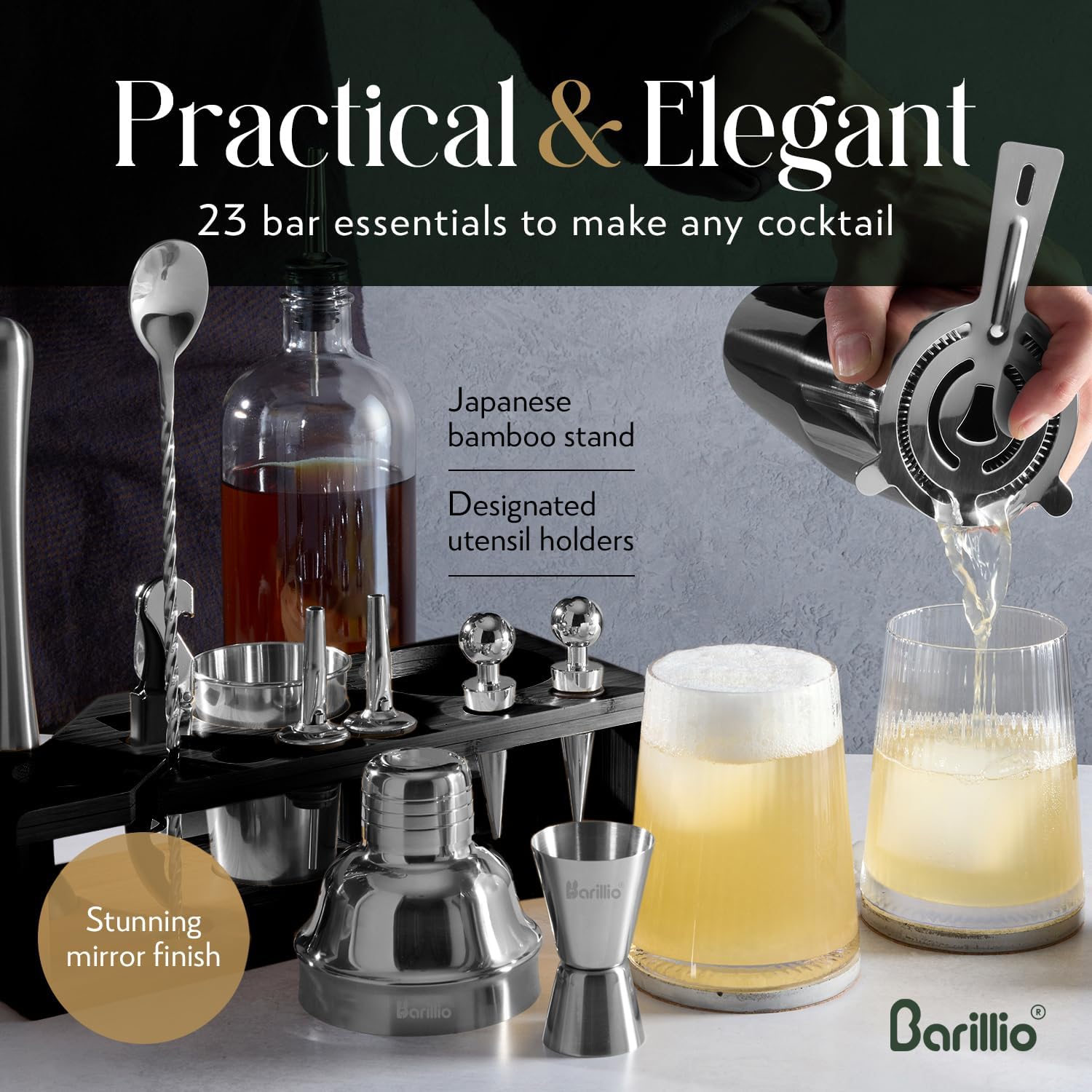 Barillio Silver Bartender Kit - Stainless-Steel Cocktail Shaker Set w Black Bamboo Stand - Mixology Bar Tools w Drink Shaker, Mixer & Muddler for Cocktails - Home Bar Accessories - 23-Pc Bar Set7