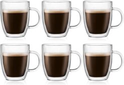 Bodum 10oz Bistro Double Wall Insulated Mug, High-Heat Borosilicate Glass, Set of 6, Clear