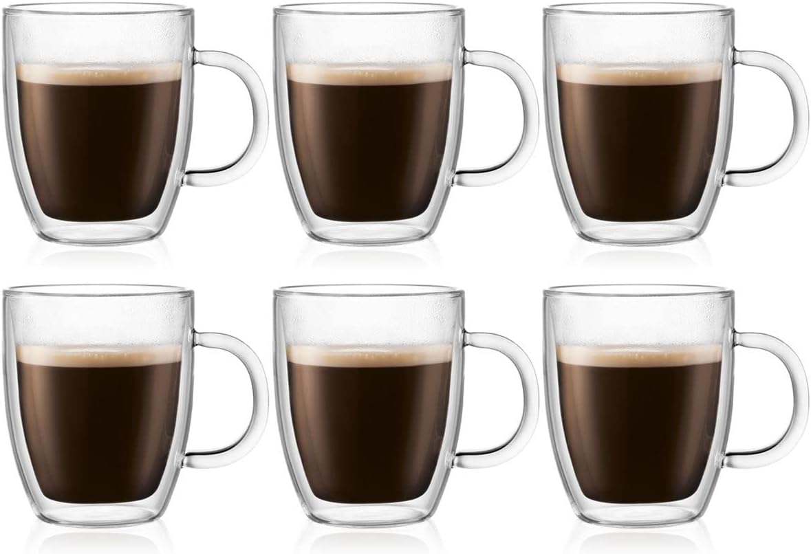 Bodum 10oz Bistro Double Wall Insulated Mug, High-Heat Borosilicate Glass, Set of 6, Clear Bodum 10oz Bistro Double Wall Insulated Mug, High-Heat Borosilicate Glass, Set of 6, Clear