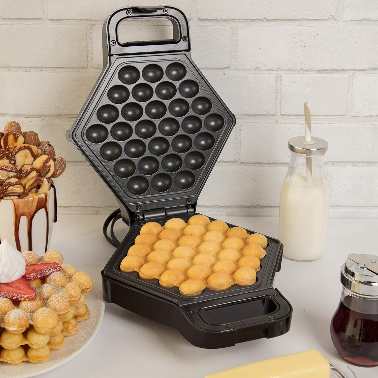 Bubble Waffle Maker - Electric Non stick Hong Kong Egg Waffler Iron Griddle w Ready Indicator Light - Ready in under 5 Minutes- Free Recipe Guide Included, Make Delicious Waffle Ice Cream Cones, Gift1