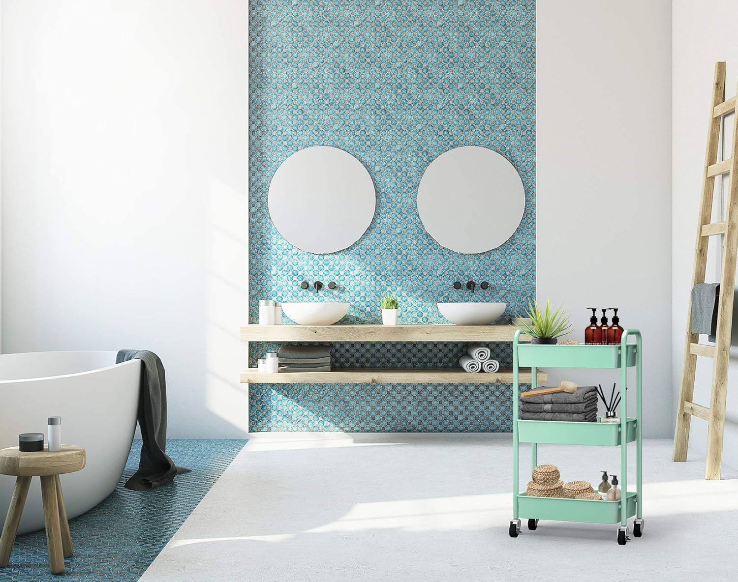 CAXXA 3-Tier Rolling Metal Storage Organizer - Mobile Utility Cart, Kitchen Cart with Caster Wheels (Aqua Green)0