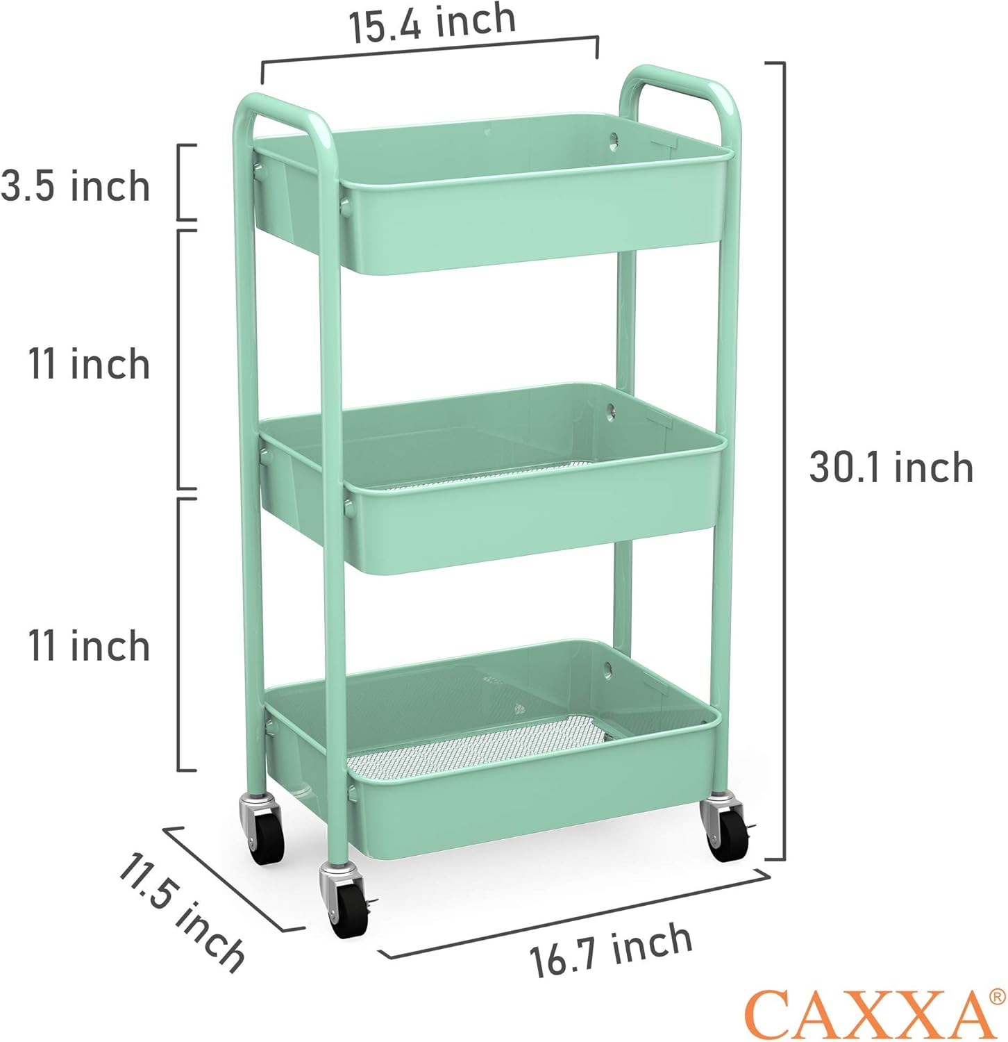 CAXXA 3-Tier Rolling Metal Storage Organizer - Mobile Utility Cart, Kitchen Cart with Caster Wheels (Aqua Green)1