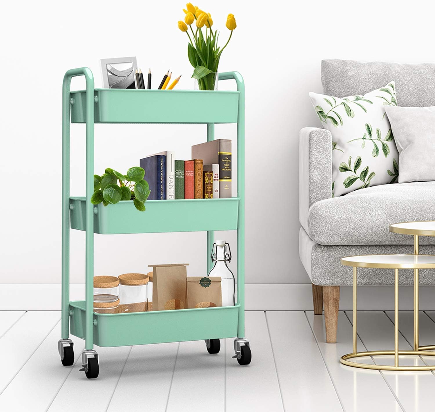 CAXXA 3-Tier Rolling Metal Storage Organizer - Mobile Utility Cart, Kitchen Cart with Caster Wheels (Aqua Green)3