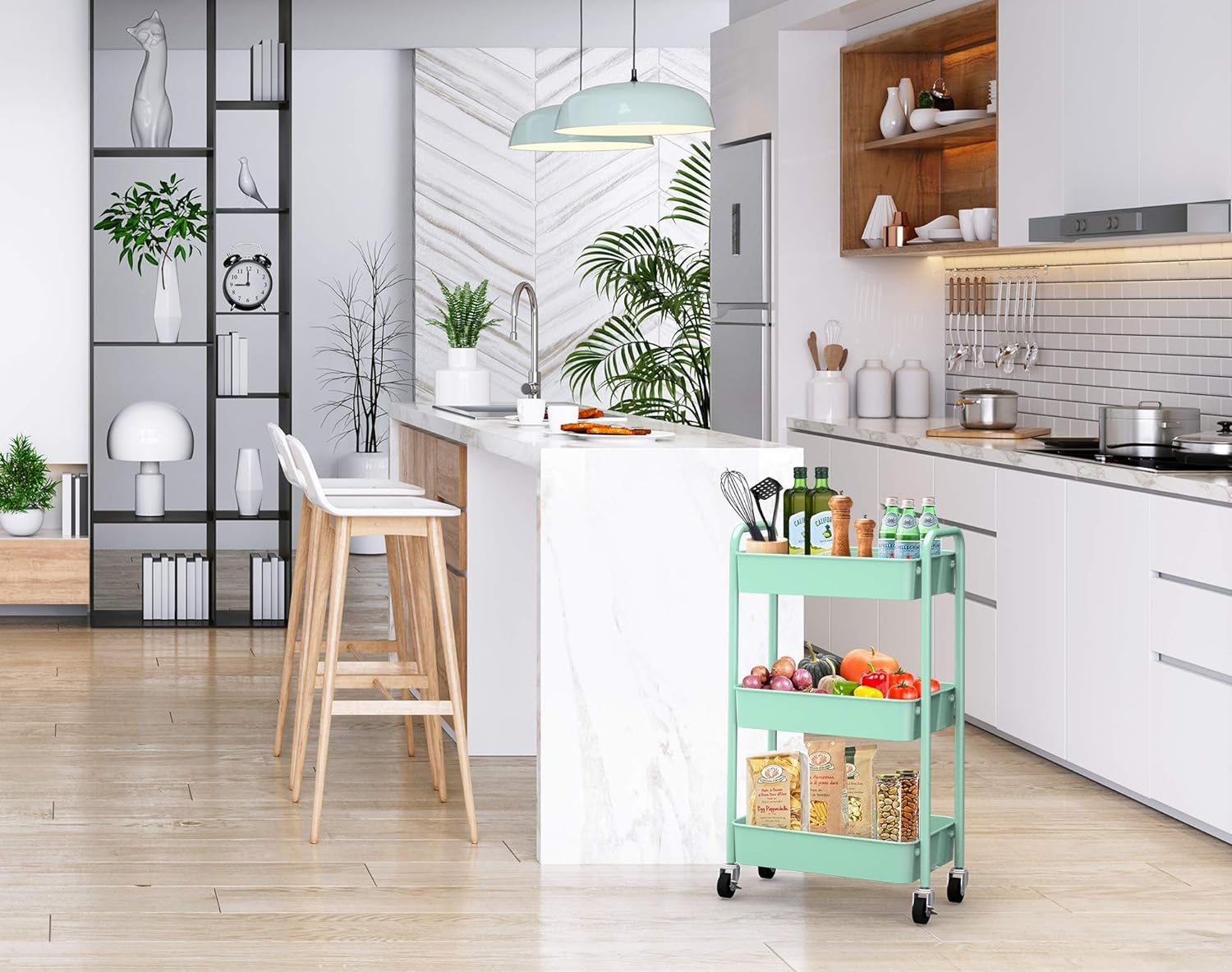 CAXXA 3-Tier Rolling Metal Storage Organizer - Mobile Utility Cart, Kitchen Cart with Caster Wheels (Aqua Green)5