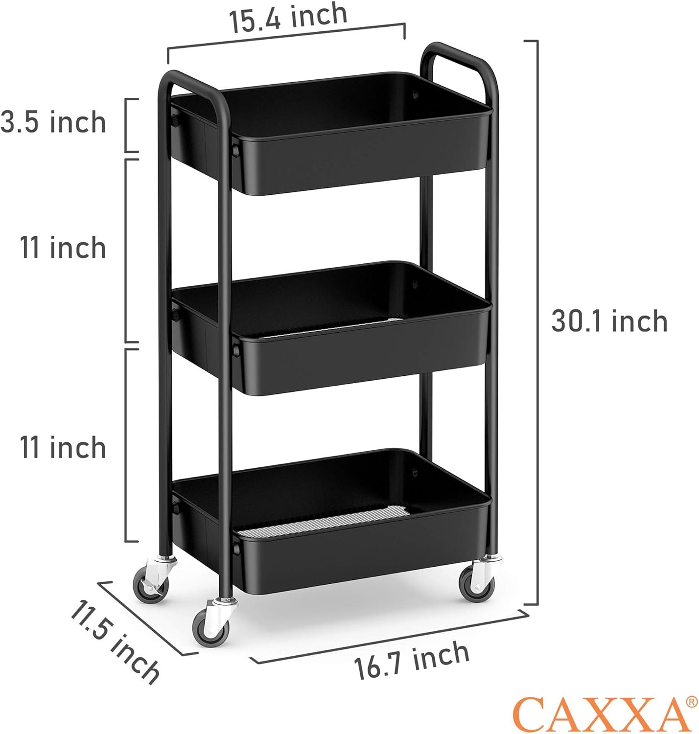 CAXXA 3-Tier Rolling Metal Storage Organizer - Mobile Utility Cart, Kitchen Cart with Caster Wheels (Black)1