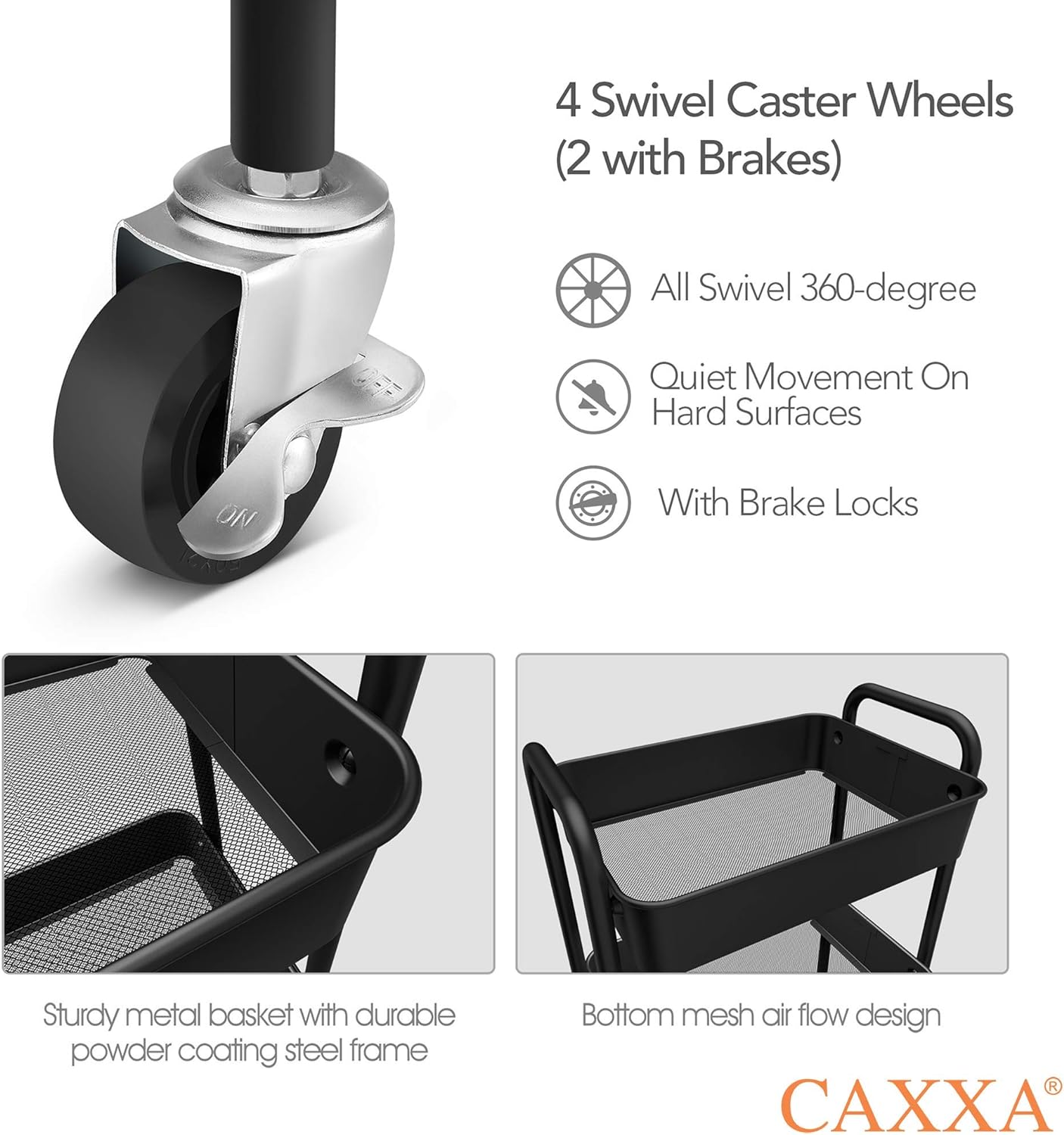 CAXXA 3-Tier Rolling Metal Storage Organizer - Mobile Utility Cart, Kitchen Cart with Caster Wheels (Black)2