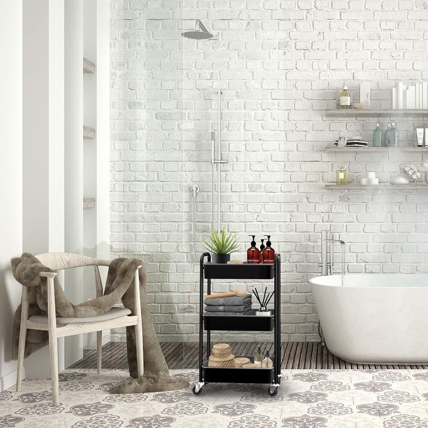 CAXXA 3-Tier Rolling Metal Storage Organizer - Mobile Utility Cart, Kitchen Cart with Caster Wheels (Black)4