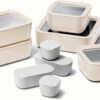 Caraway Glass Food Storage Set, 14 Pieces - Ceramic Coated Food Containers - Easy to Store, Non Toxic Lunch Box Containers with Glass Lids - Includes Storage Organizer & Dot & Dash Inserts - Cream