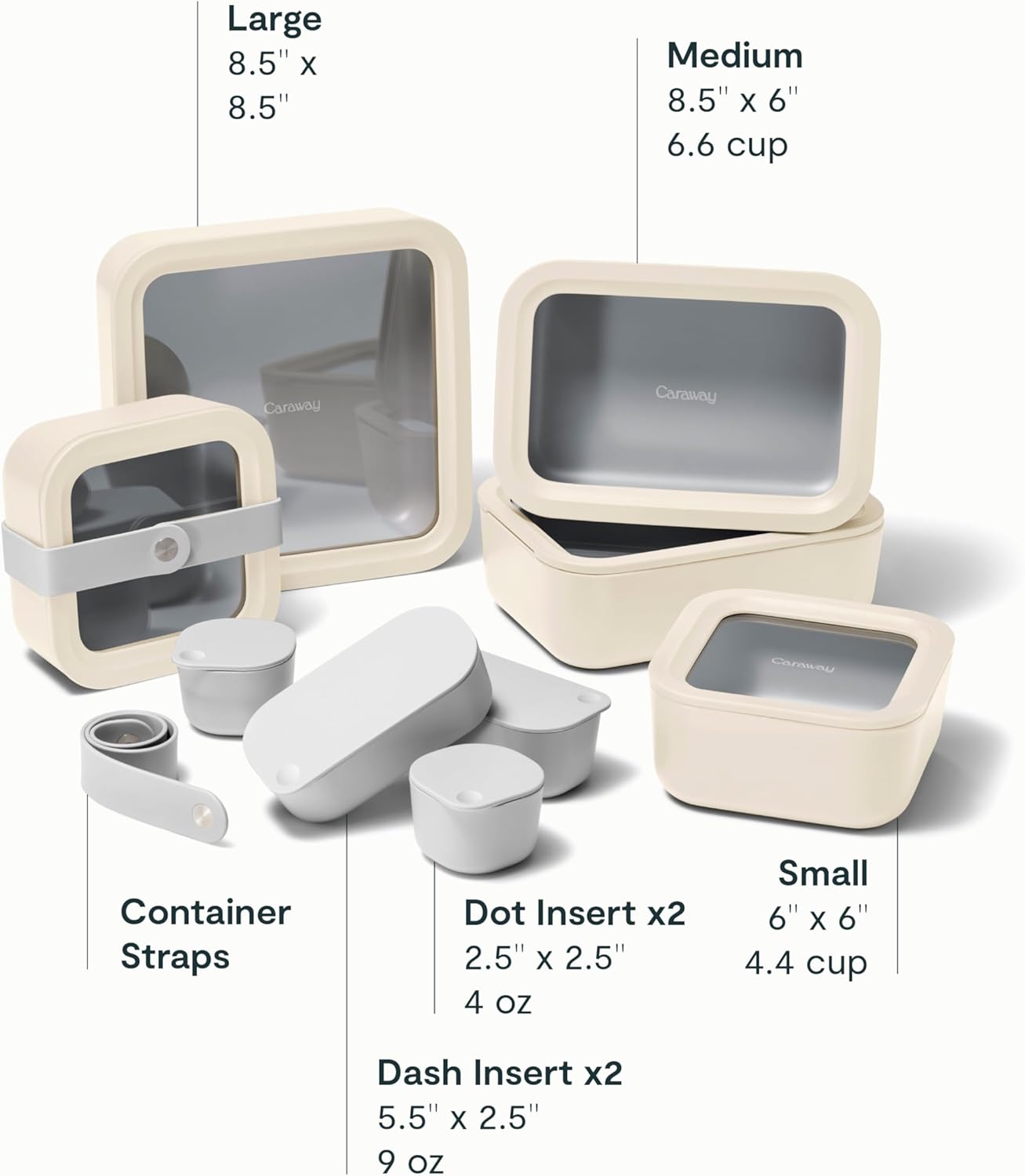 Caraway Glass Food Storage Set, 14 Pieces - Ceramic Coated Food Containers - Easy to Store, Non Toxic Lunch Box Containers with Glass Lids - Includes Storage Organizer & Dot & Dash Inserts - Cream2