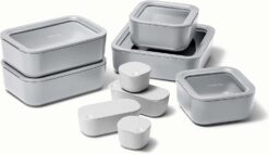 Caraway Glass Food Storage Set, 14 Pieces - Ceramic Coated Food Containers - Easy to Store, Non Toxic Lunch Box Containers with Glass Lids - Includes Storage Organizer & Dot & Dash Inserts - Gray