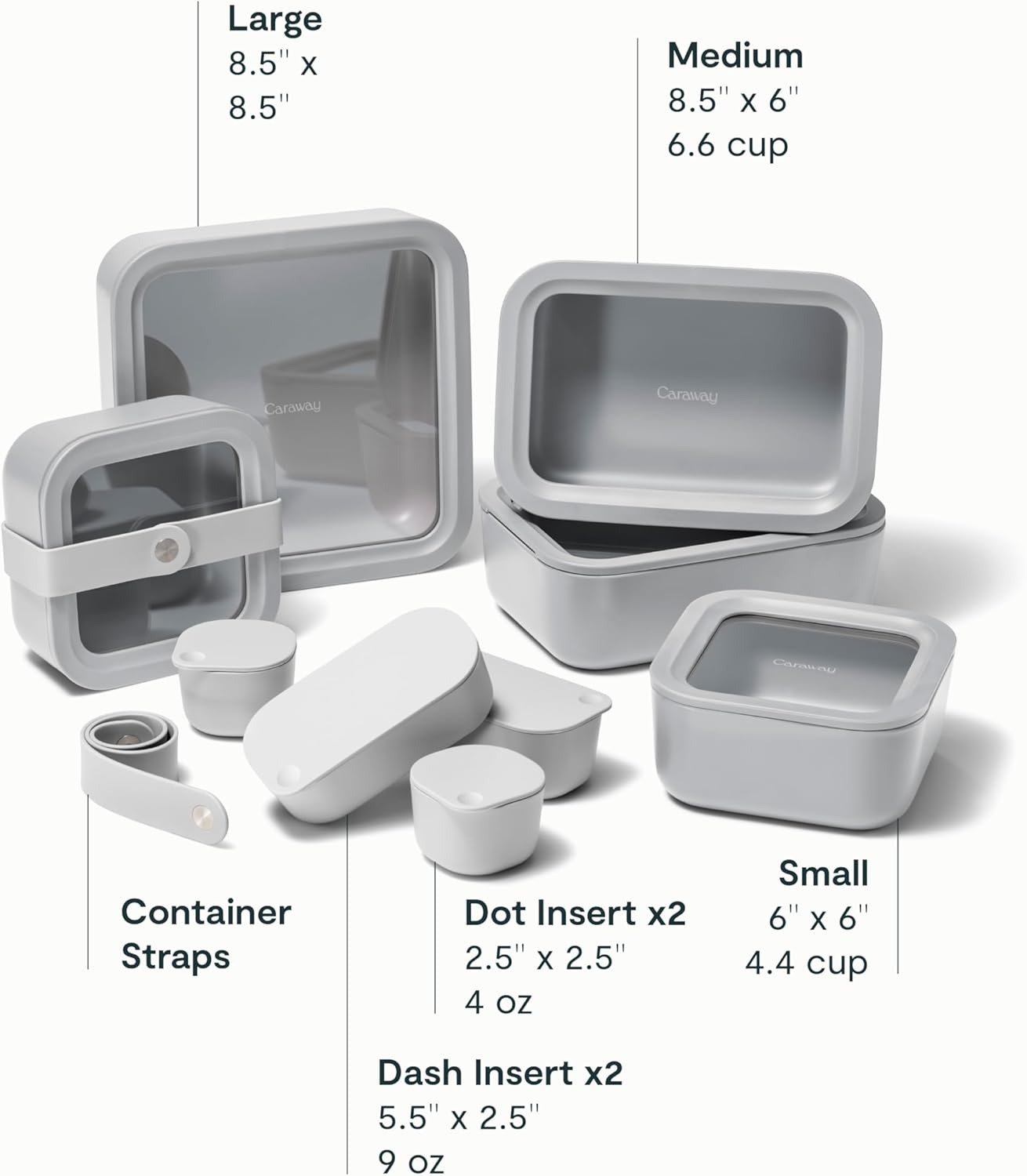 Caraway Glass Food Storage Set, 14 Pieces - Ceramic Coated Food Containers - Easy to Store, Non Toxic Lunch Box Containers with Glass Lids - Includes Storage Organizer & Dot & Dash Inserts - Gray3