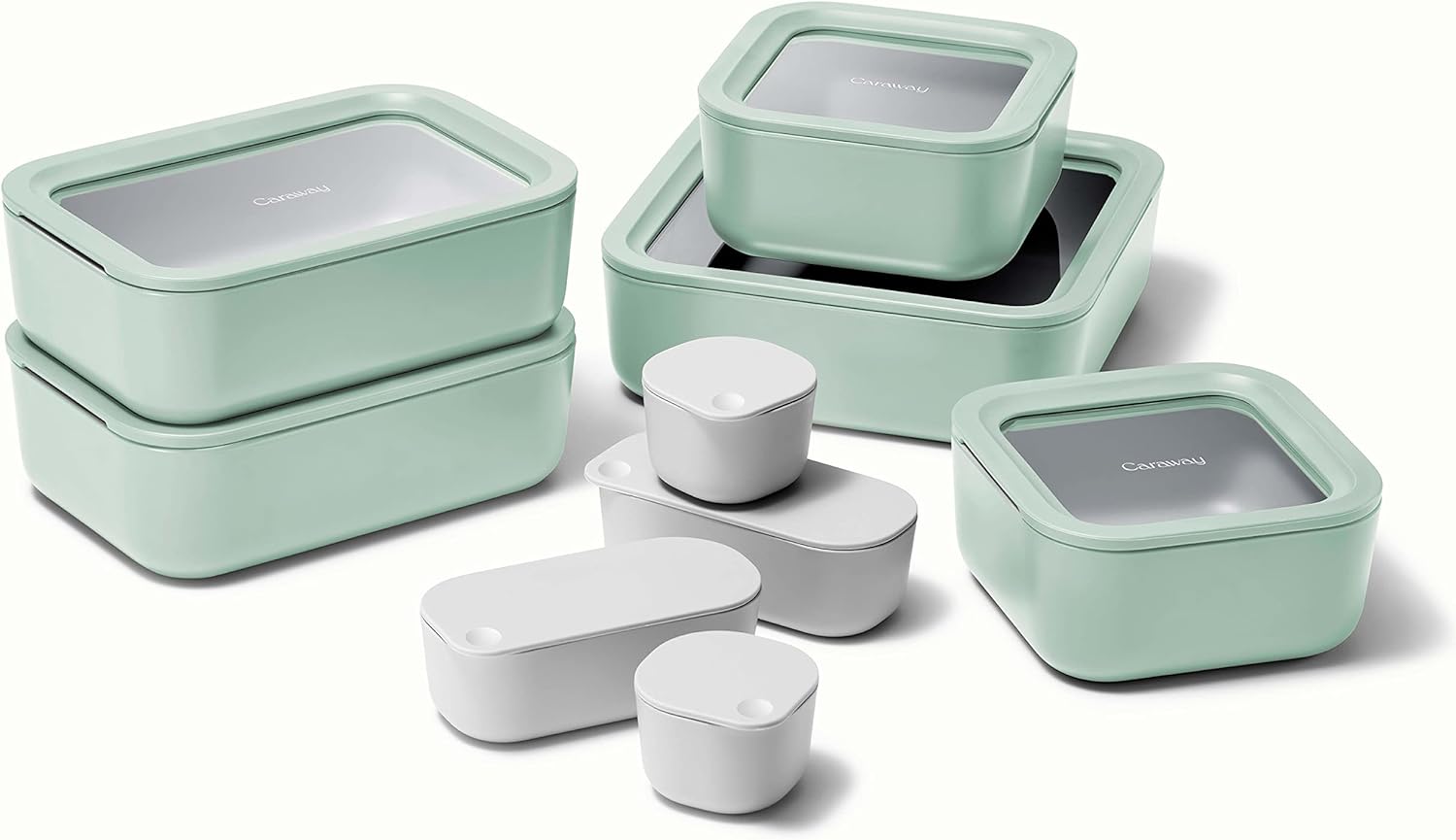 Caraway Glass Food Storage Set, 14 Pieces - Ceramic Coated Food Containers - Easy to Store, Non Toxic Lunch Box Containers with Glass Lids - Includes Storage Organizer & Dot & Dash Inserts - Mist Caraway Glass Food Storage Set, 14 Pieces - Ceramic Coated Food Containers - Easy to Store, Non Toxic Lunch Box Containers with Glass Lids - Includes Storage Organizer & Dot & Dash Inserts - Mist