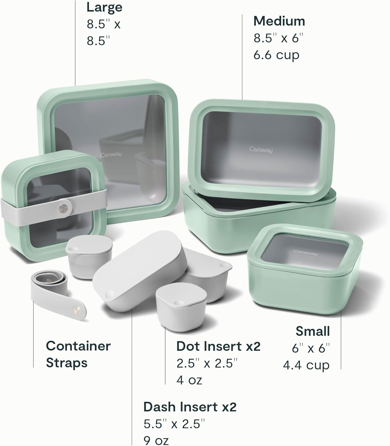 Caraway Glass Food Storage Set, 14 Pieces - Ceramic Coated Food Containers - Easy to Store, Non Toxic Lunch Box Containers with Glass Lids - Includes Storage Organizer & Dot & Dash Inserts - Mist3