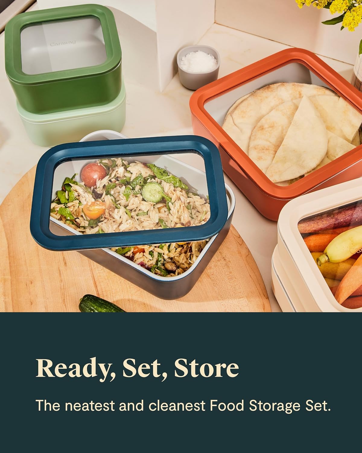 Caraway Glass Food Storage Set, 14 Pieces - Ceramic Coated Food Containers - Easy to Store, Non Toxic Lunch Box Containers with Glass Lids - Includes Storage Organizer & Dot & Dash Inserts - Mist5