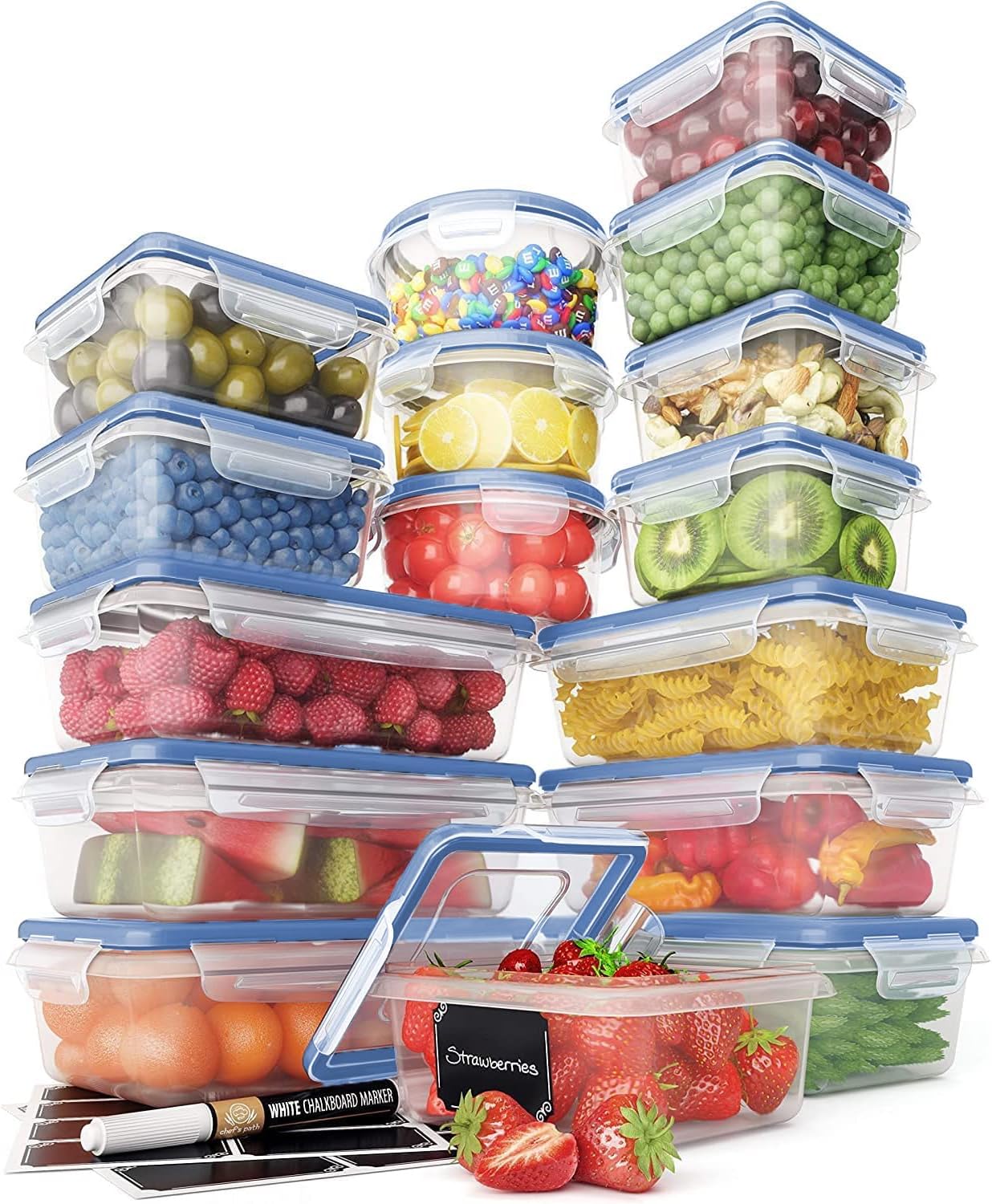 Chef's Path 32 Piece Food Storage Containers Set with 16 Blue Easy Snap Lids +16 Airtight Food Containers with Lids for Pantry & Kitchen Organization - BPA-Free Food Storage Containers with Lids Chef's Path 32 Piece Food Storage Containers Set with 16 Blue Easy Snap Lids +16 Airtight Food Containers with Lids for Pantry & Kitchen Organization - BPA-Free Food Storage Containers with Lids