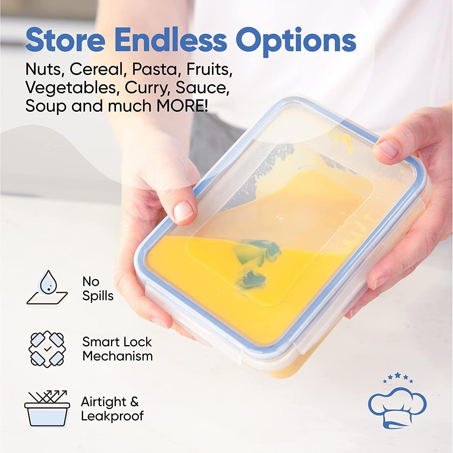 Chef's Path 32 Piece Food Storage Containers Set with 16 Blue Easy Snap Lids +16 Airtight Food Containers with Lids for Pantry & Kitchen Organization - BPA-Free Food Storage Containers with Lids3
