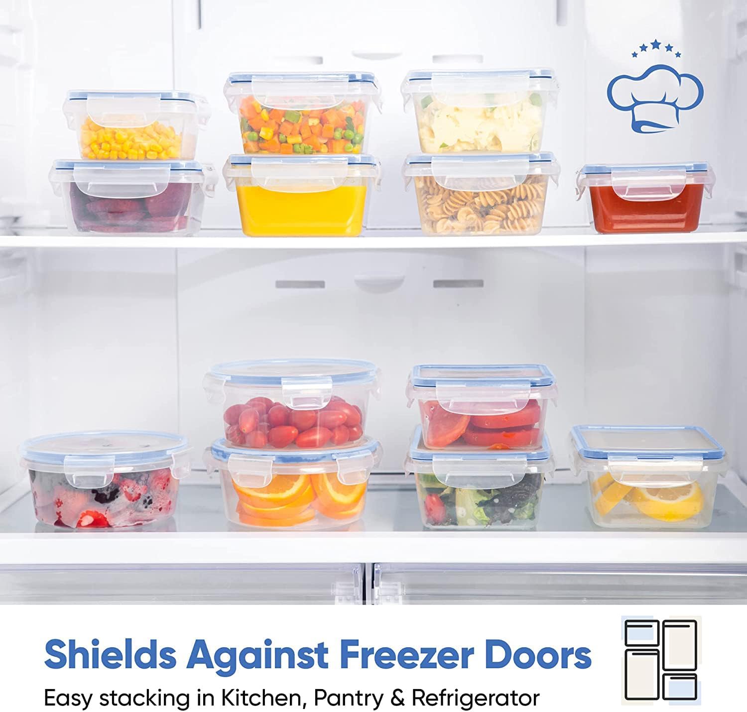Chef's Path 32 Piece Food Storage Containers Set with 16 Blue Easy Snap Lids +16 Airtight Food Containers with Lids for Pantry & Kitchen Organization - BPA-Free Food Storage Containers with Lids8